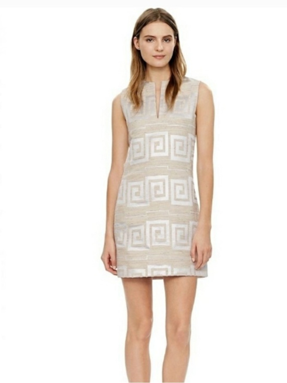 Tory Burch Jacquard Shift Dress Silver Metallic Greek Key Geometric Design SZ 8